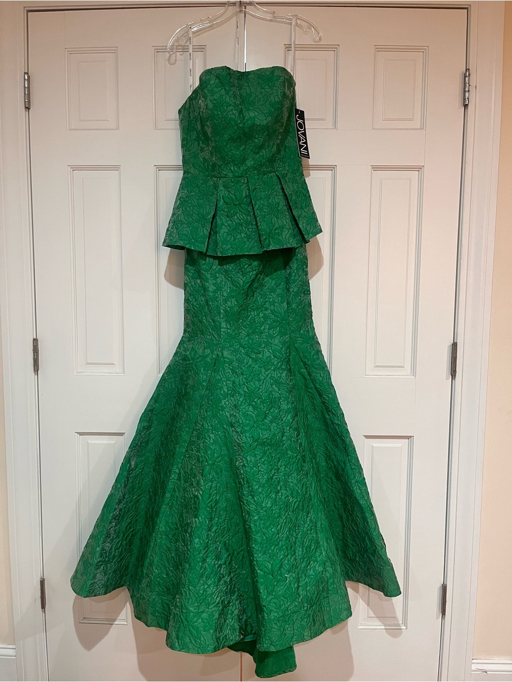 JOVANI Green Strapless Peplum Mermaid Gown